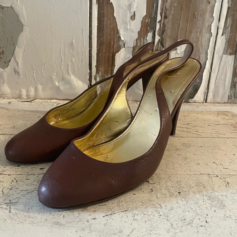J. Crew Brown Leather Slingback Heels with Gold Lining